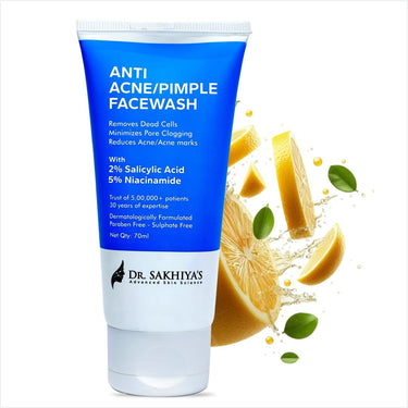 DR. SAKHIYA'S Anti Acne/Pimple Face Cleanser - With 2% Salicylic Acid And 5% Niacinamide –70ml(Pack Of 1) / Anti-Acne Cleanser For Face/Paraben & Fragrance-Free